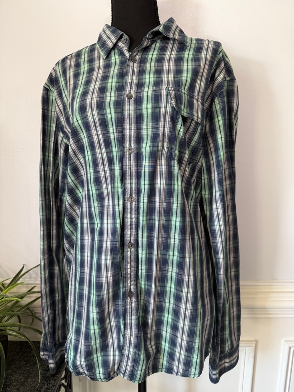 Esprit Navy Mint Green Plaid 100% Cotton Button-Down Collared Shirt XL